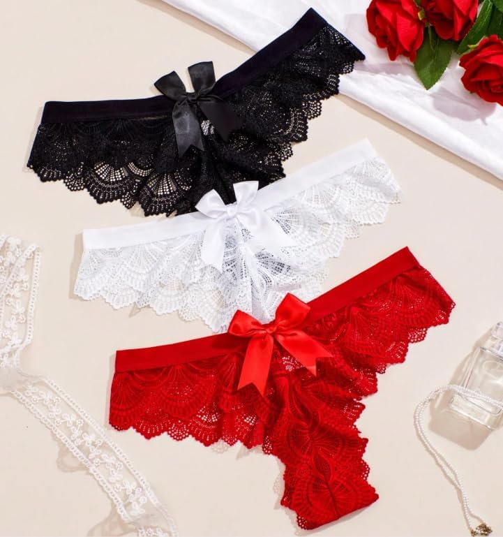 Amazleer 3 PCS Women's Lace Thong Panties with Random Bow Knot Sexy Cheeky Bikini Underwear - Image 2